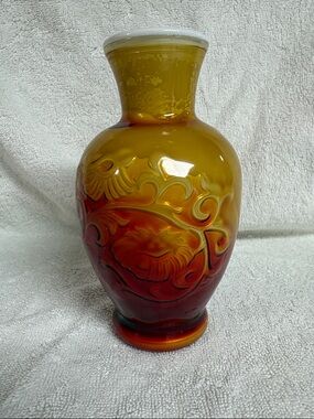 Avon Amber to Red Glass Vase with Floral Relief
